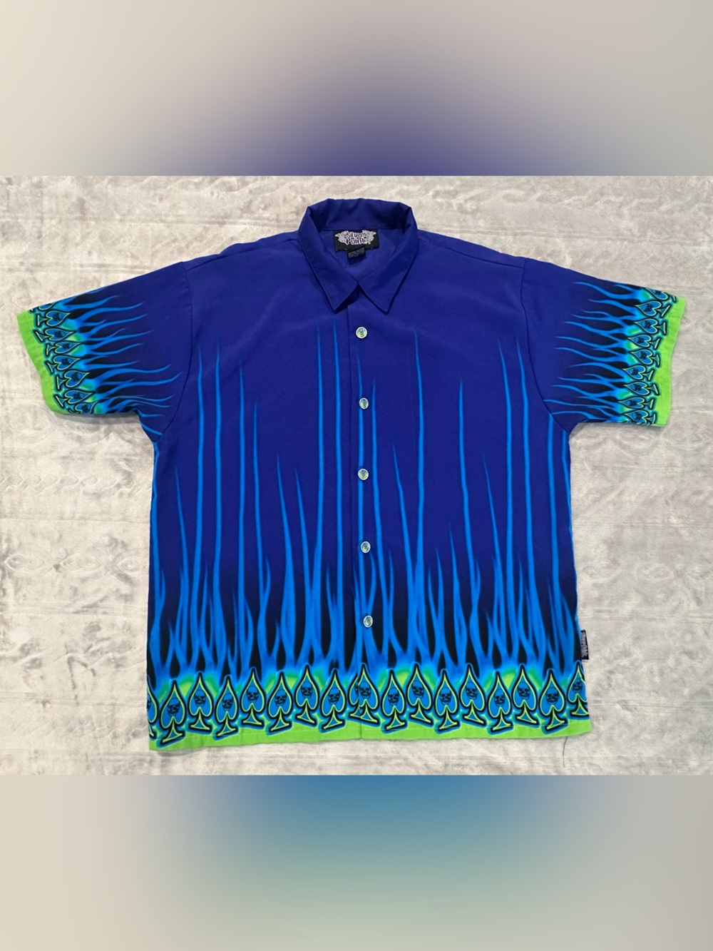 Silver Point Men’s XL Blue Green Graphic Skull Spade Short Sleeve Button Up